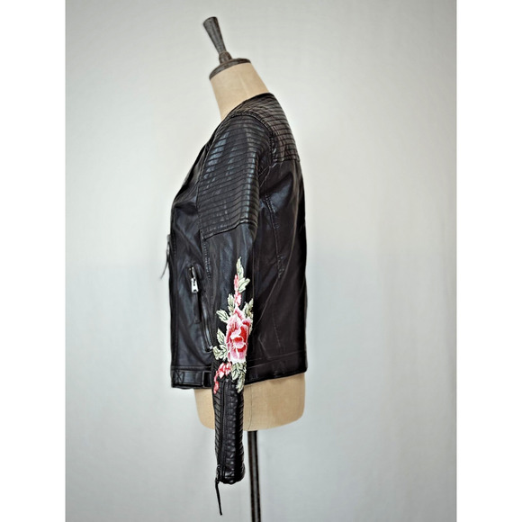 Top Shop Black Faux Leather Embroidered Moto Jacket Womens 10 / Medium #1-0166 - Picture 3 of 13